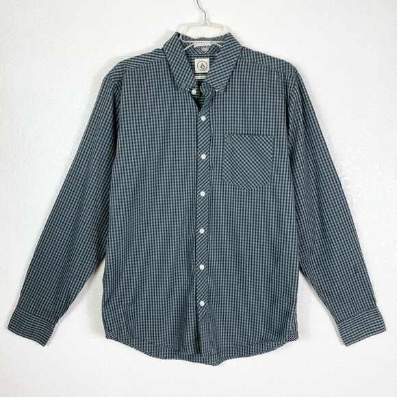 Volcom Classic Fit Green & Black Checkered Long Sleeve Button Down Shirt - Picture 1 of 5